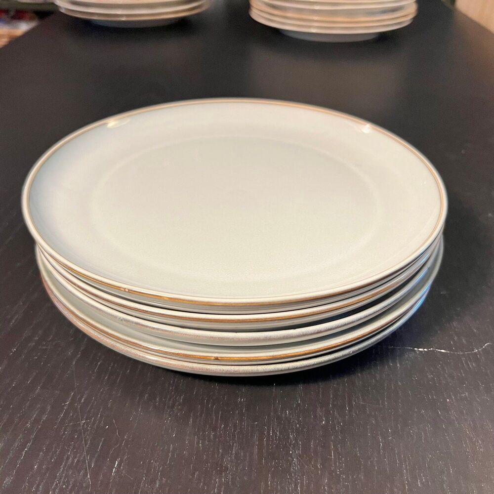 Ikea GLADELIG (5) Gray Stoneware Dinner Plates 10" Brown Trim Glazed EUC 21963
